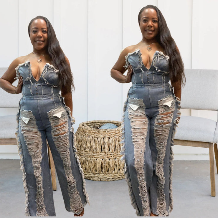Denim Distressed Jumpsuit