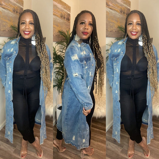 Distressed Long Denim Jacket No